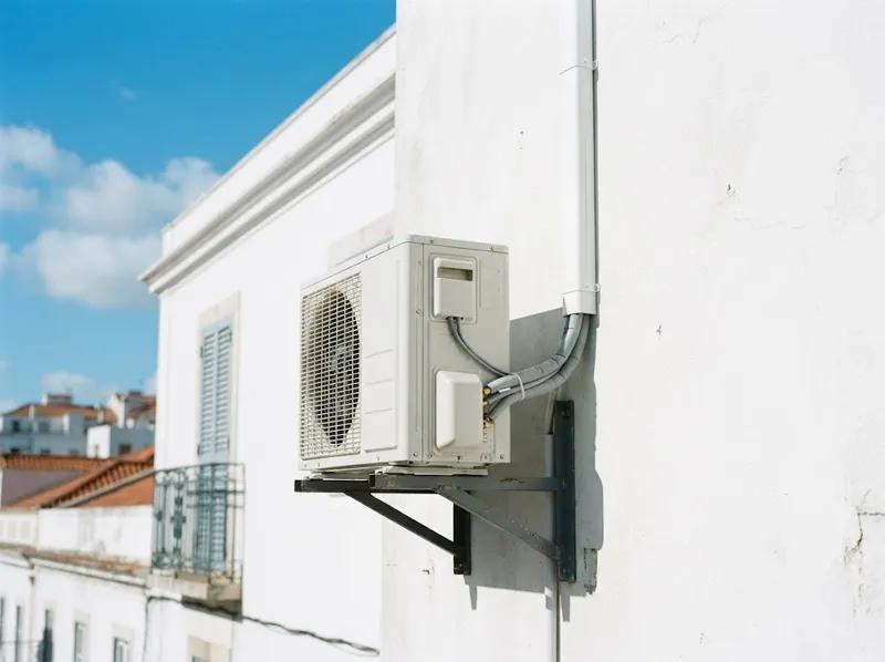 Unidade exterior em suporte de parede com tubagem isolada e fixada