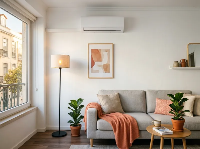 Unidade interior de parede por cima de um sofá numa sala luminosa